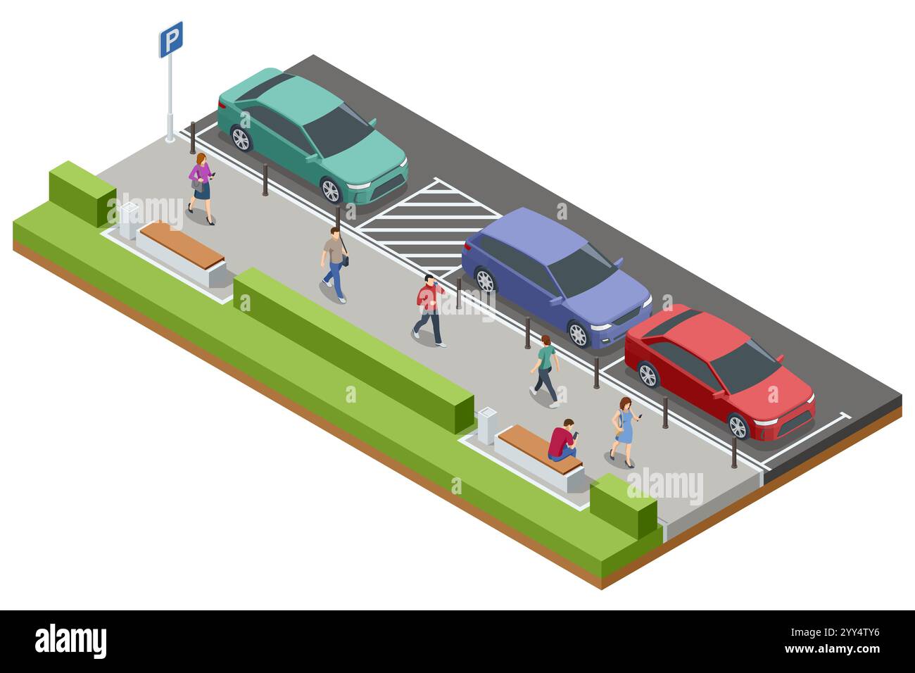 Illustrazione isometrica di un parcheggio con auto, di un parcheggio per disabili e di un percorso pedonale. Panchine e siepi verdi offrono posti a sedere e. Illustrazione Vettoriale