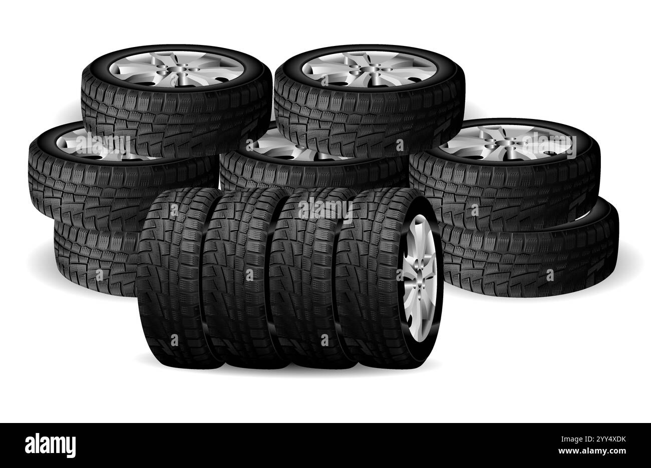 Gruppo pneumatici invernali. Primo piano in gomma per ruote per auto, vettoriale. Fianchi pneumatici stagionali, profilo radiale in gomma. Settore dei servizi di trasporto automobilistico di qualità. Veicolo Illustrazione Vettoriale