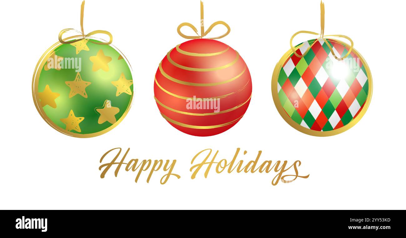 Congratulazioni grafiche per le buone feste. Il concetto di cartolina di auguri per le feste. Buon Natale e felice anno nuovo, design con biglietti d'auguri 3D e artistici Illustrazione Vettoriale