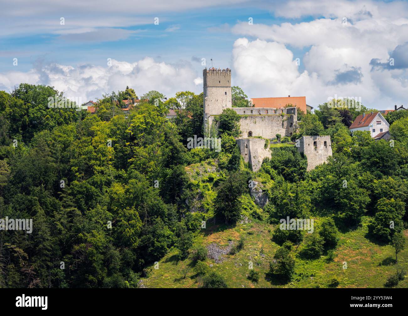 ESSING, GERMANIA - 16 GIUGNO: Rovine del castello di Randeck nella valle Altmuehltal in, Essing, Germna il 16 giugno 2024 Foto Stock