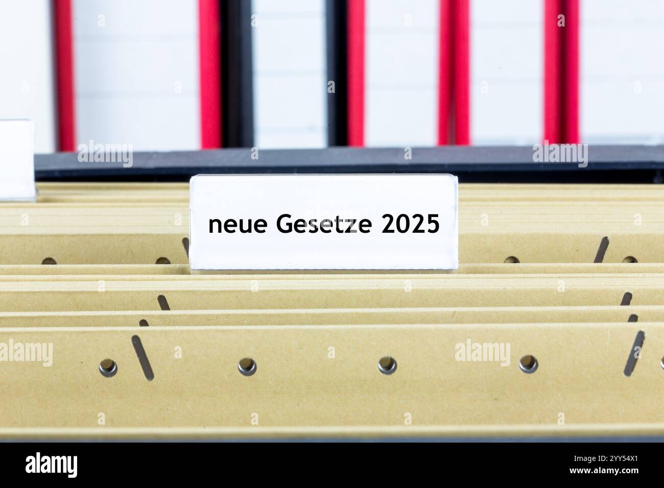 Firmare con l'iscrizione NEUE GESETZE 2025 su una cartella di sospensione (immagine del simbolo) Foto Stock