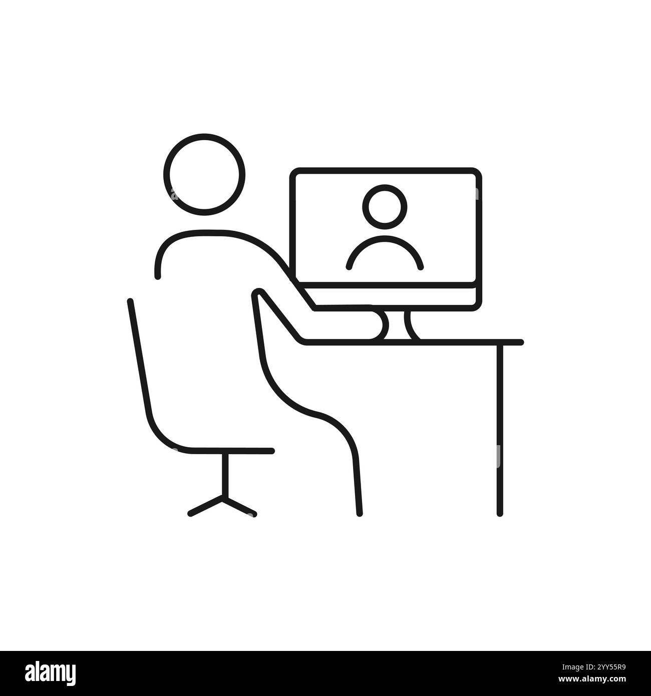 Icona riunione video. Conferenza virtuale con persone sullo schermo del computer. Lavoro in remoto dall'ufficio domestico. Comunicazione digitale. Illustrazione Vettoriale