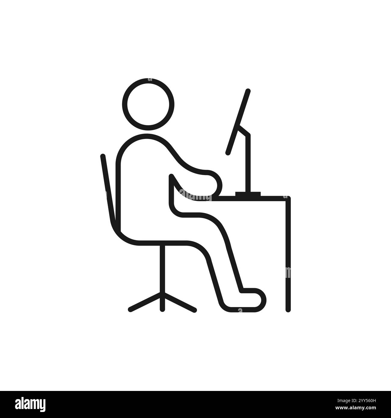 Lavoro in remoto. Line Symbol Worker Man presso Desk Designer Freelancer. Icona in stile contorno dalle icone Imposta di Coworking e Workplace o Workspace. Illustrazione Vettoriale