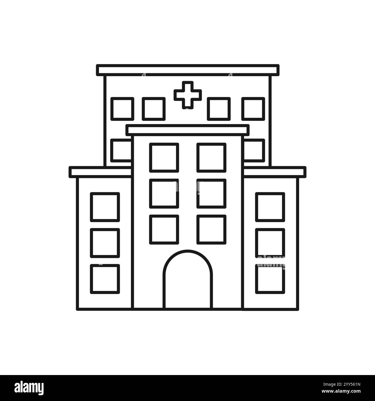 Icona linea ospedale, segno vettoriale contorno, pittogramma di stile lineare isolato su bianco. Simbolo dell'edificio medico, illustrazione del logo. Illustrazione Vettoriale