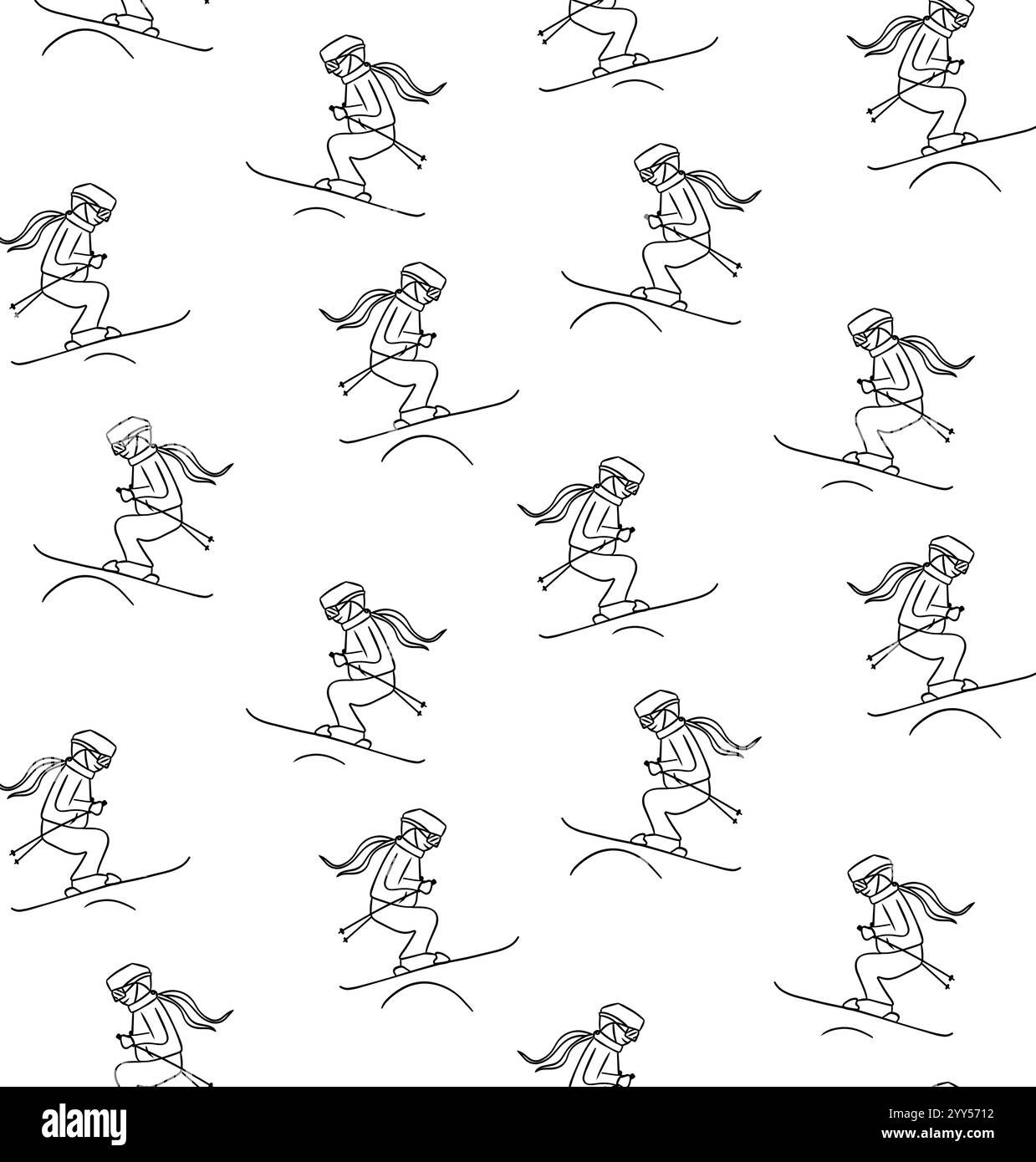 Stile linea grafica sciatori. Stazione sciistica. Vector Seamless pattern attività sportiva invernale con sciatori volanti Illustrazione Vettoriale