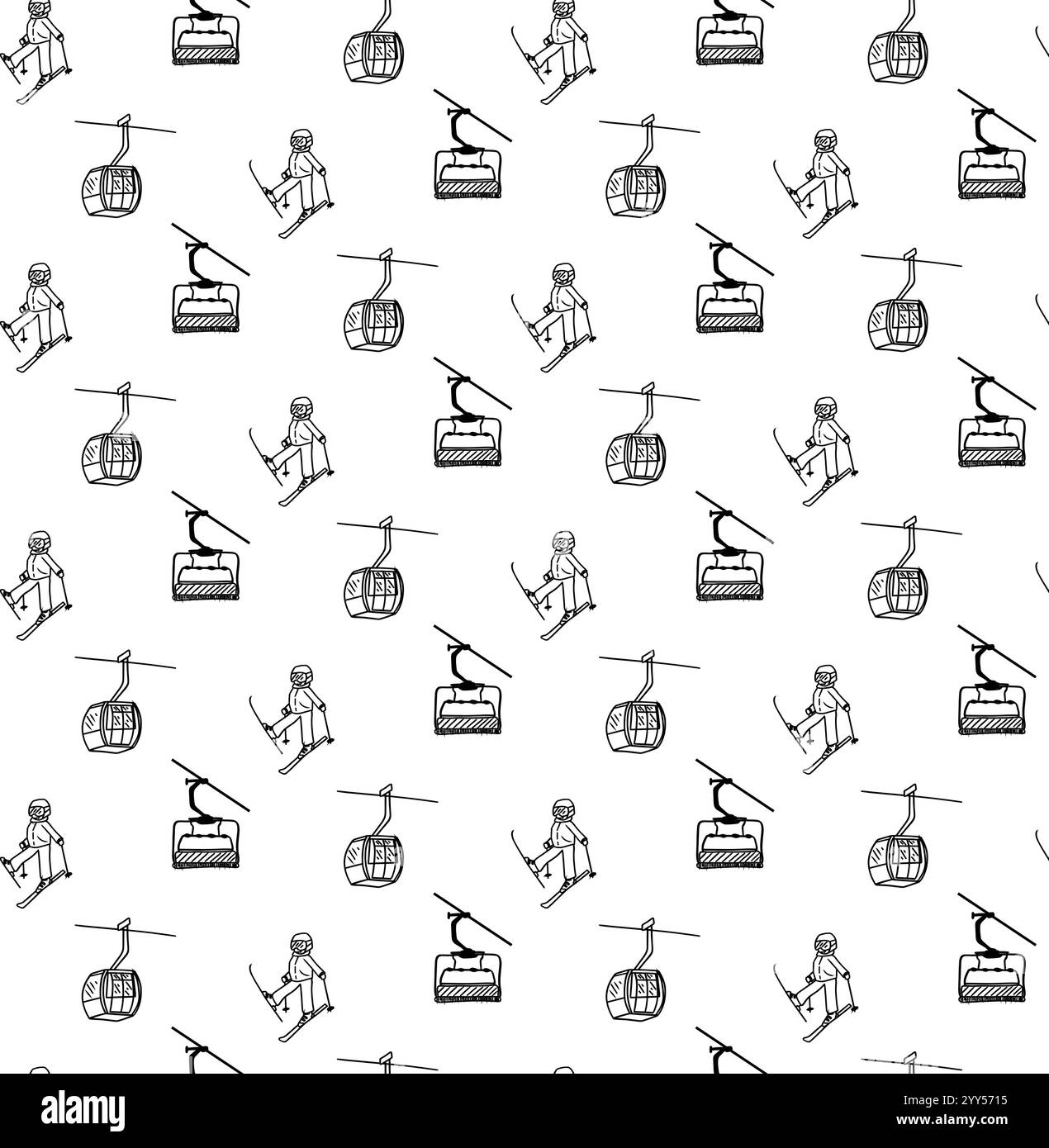 Impianti di risalita per la stazione sciistica e per gli sport invernali e gli sciatori. Motivo senza cuciture con ascensore. Progettazione grafica di linee per turisti. Illustrazione vettoriale CA Illustrazione Vettoriale