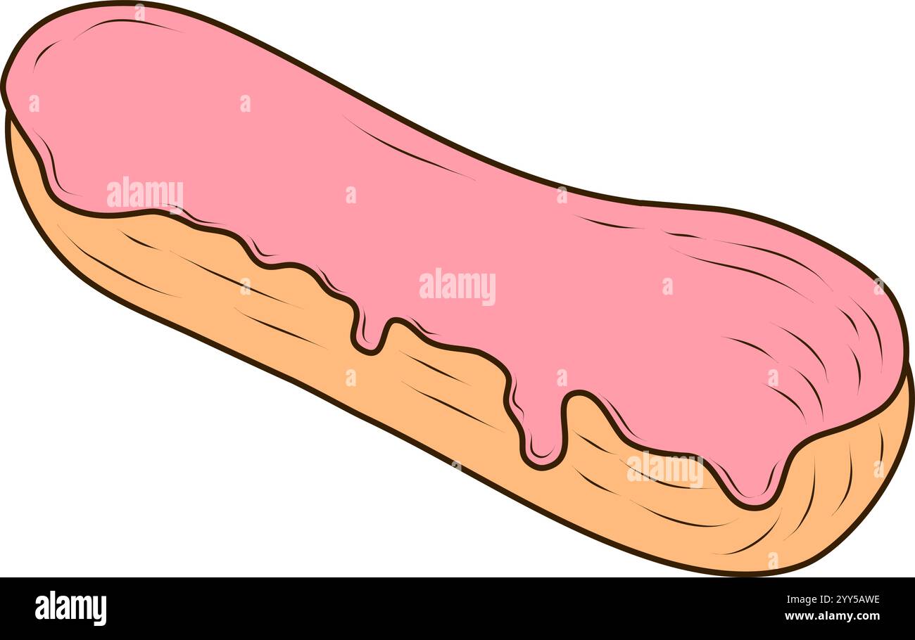 Eclair dolce con glassa rosa e crema pasticcera. Illustrazione vettoriale in stile cartoni animati isolata su sfondo bianco. Dolce delizioso e dolce Illustrazione Vettoriale