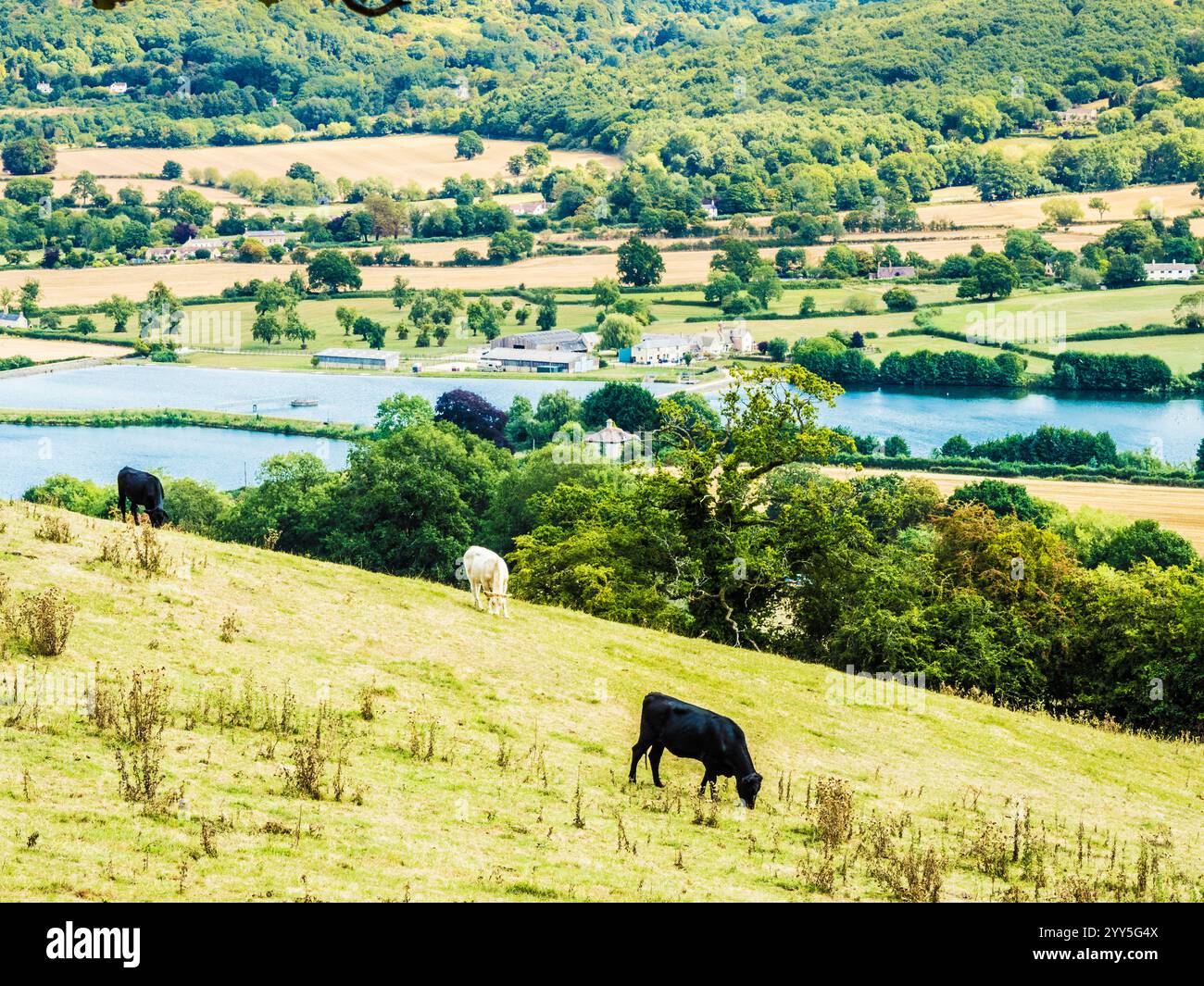 Vista su Great Witcombe e Witcombe Water vicino a Birdlip, Gloucestershire. Foto Stock