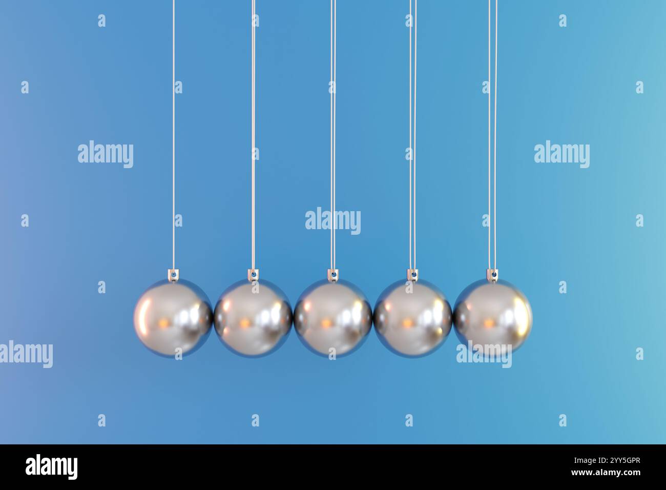 Il pendolo della culla di Newton su sfondo blu. Illustrazione dei principi di conservazione dello slancio e conservazione dell'energia in fisica Foto Stock