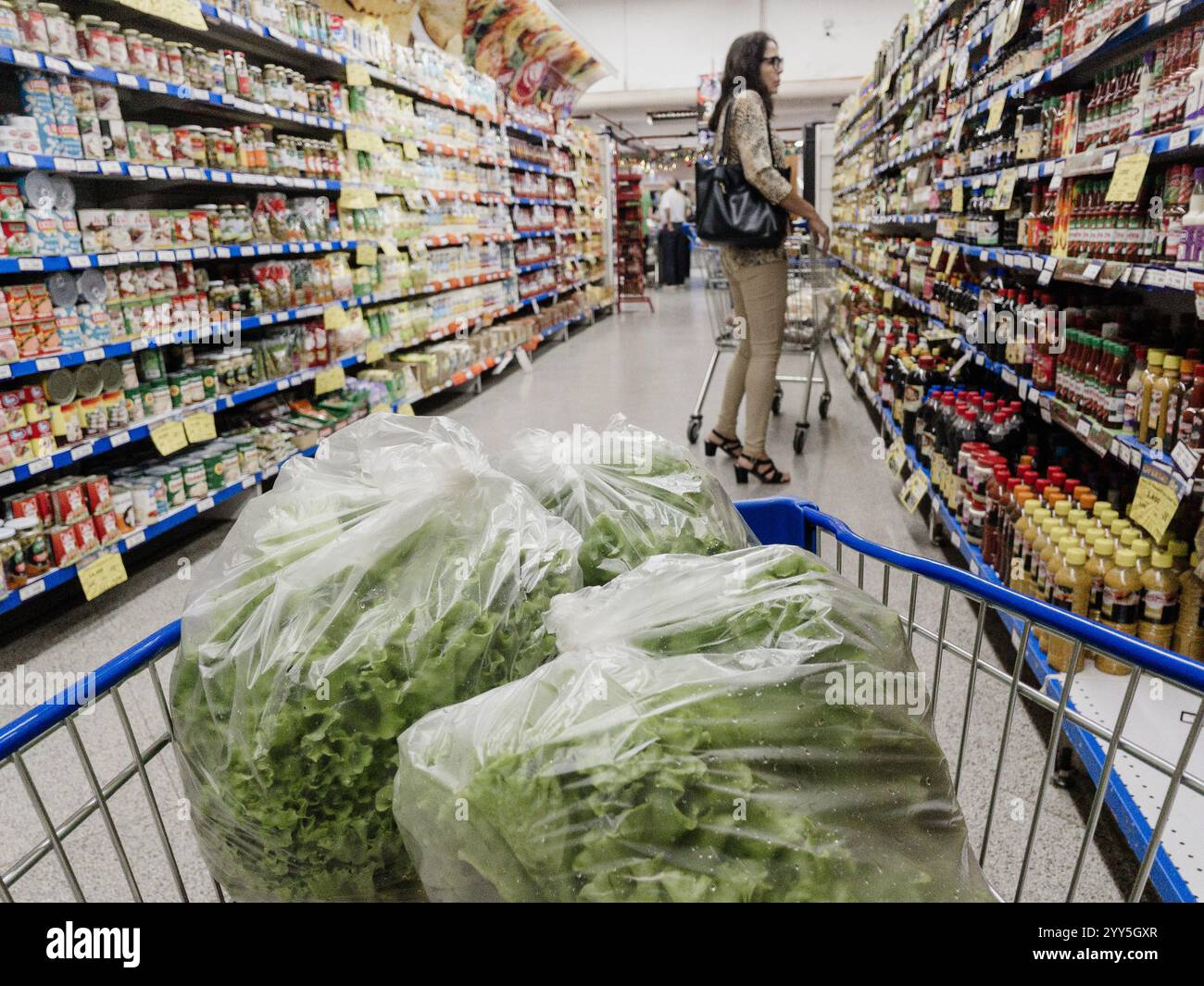 Una vista dei sacchetti di plastica riempiti di lettini freschi in un carrello e un cliente che fa acquisti nella corsia all'interno di un supermercato, ad Asuncion, Paraguay. - Immagine stock catturata con smartphone