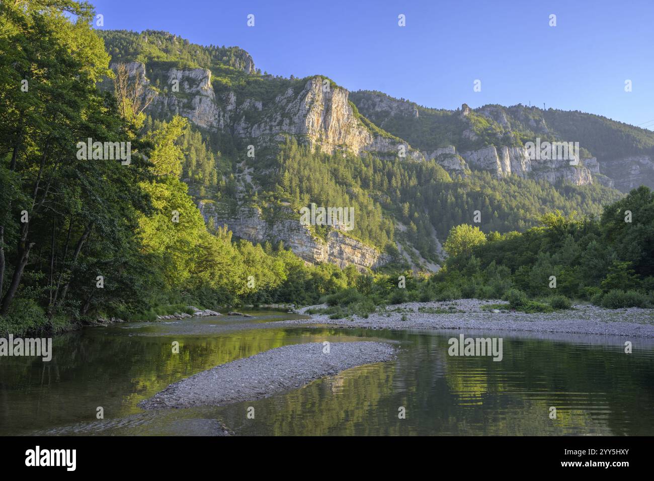 Atmosfera serale presso il fiume Tarn, Gorges du Tarn Causses, Departement Lozere, Francia, Europa Foto Stock