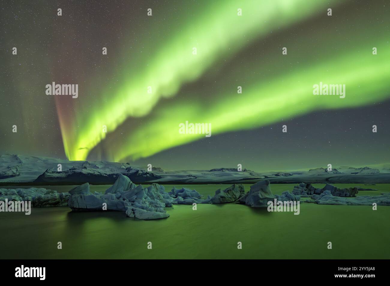 Aurora boreale sugli iceberg nella laguna glaciale, Joekulsarlon, iceberg con ghiacciaio, Parco Nazionale Vatnajoekull, HornafjoerÃ°UR, Islanda del Sud, io Foto Stock