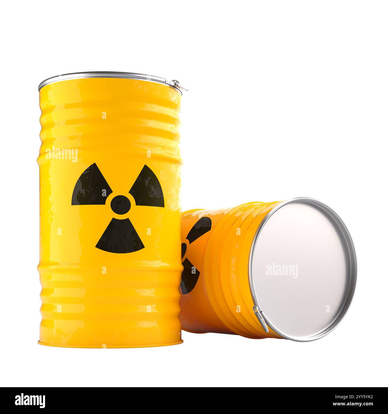 barili gialli simbolo radioattivo scorie nucleari isolato sfondo trasparente 3d. Foto Stock
