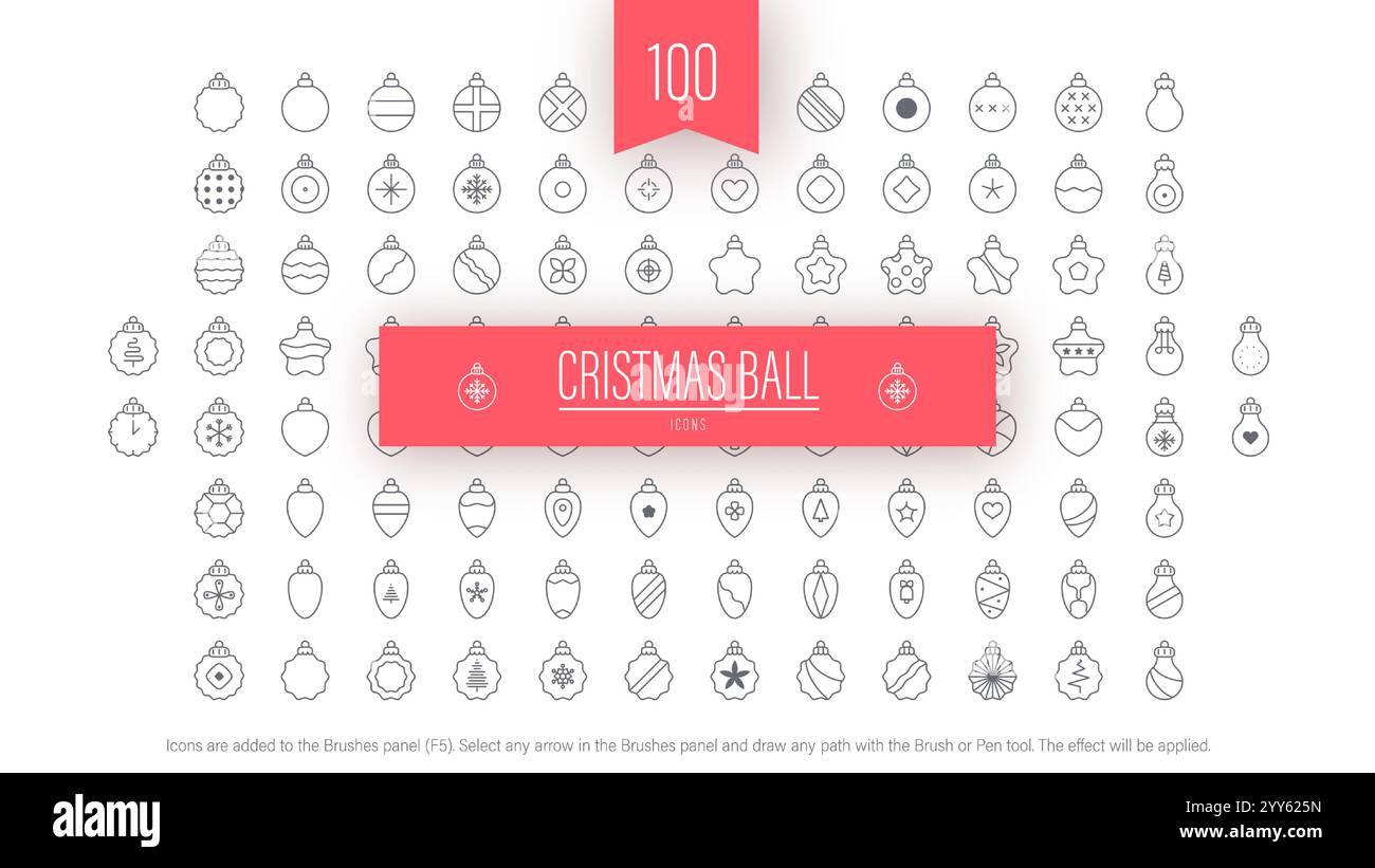 100 icone della palla di Natale, pennelli per felice anno nuovo Illustrazione Vettoriale