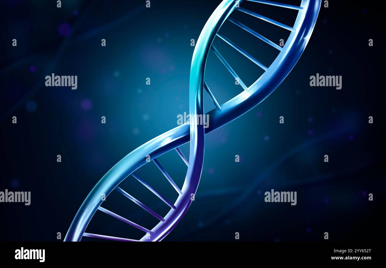 Struttura a doppia elica del DNA su sfondo sfocato, illustrazione. Scienza della genetica Foto Stock
