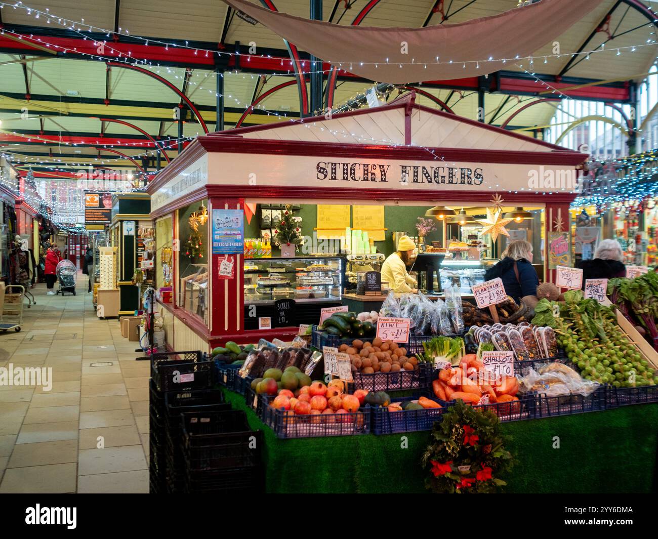 Stockport Indoor Market, bancarelle, Stockport, Regno Unito Foto Stock