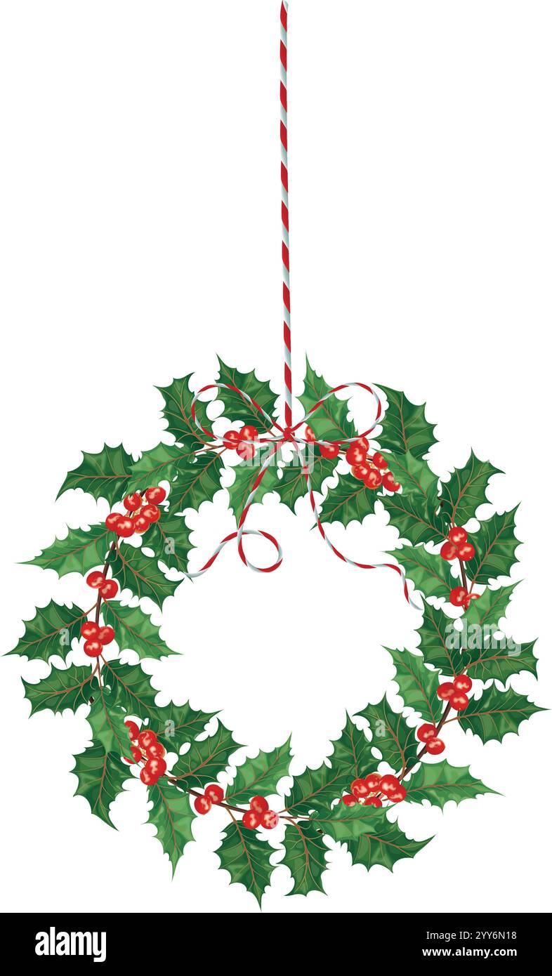Illustrazione vettoriale di una ghirlanda con foglie verdi, bacche rosse e un nastro sospeso a strisce. Perfetto per un Natale ecologico. Illustrazione Vettoriale