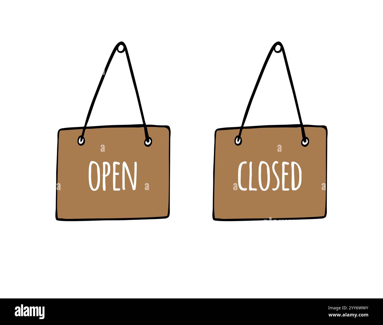 Targhetta della porta colorata disegnata a mano con testo aperto chiuso isolato su sfondo bianco Illustrazione Vettoriale