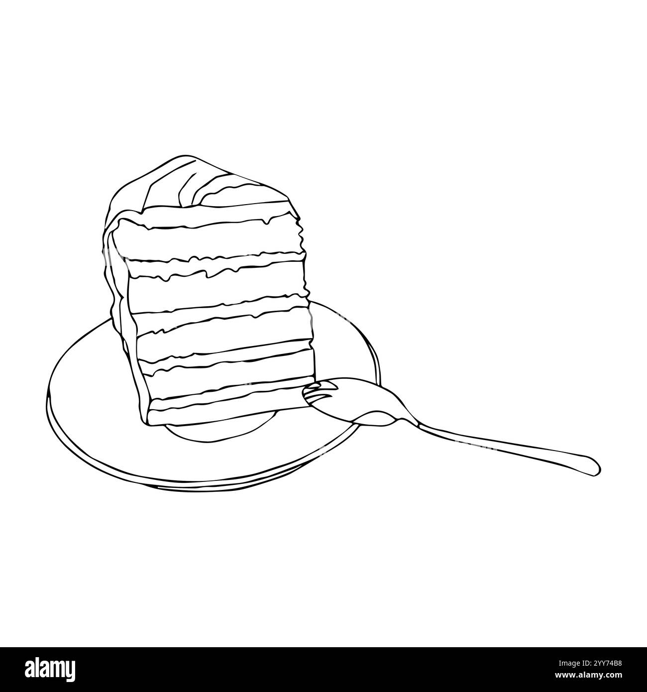 Fetta di torta multistrato su un piatto con un cucchiaio. Illustrazione vettoriale isolata su sfondo bianco. Illustrazione Vettoriale