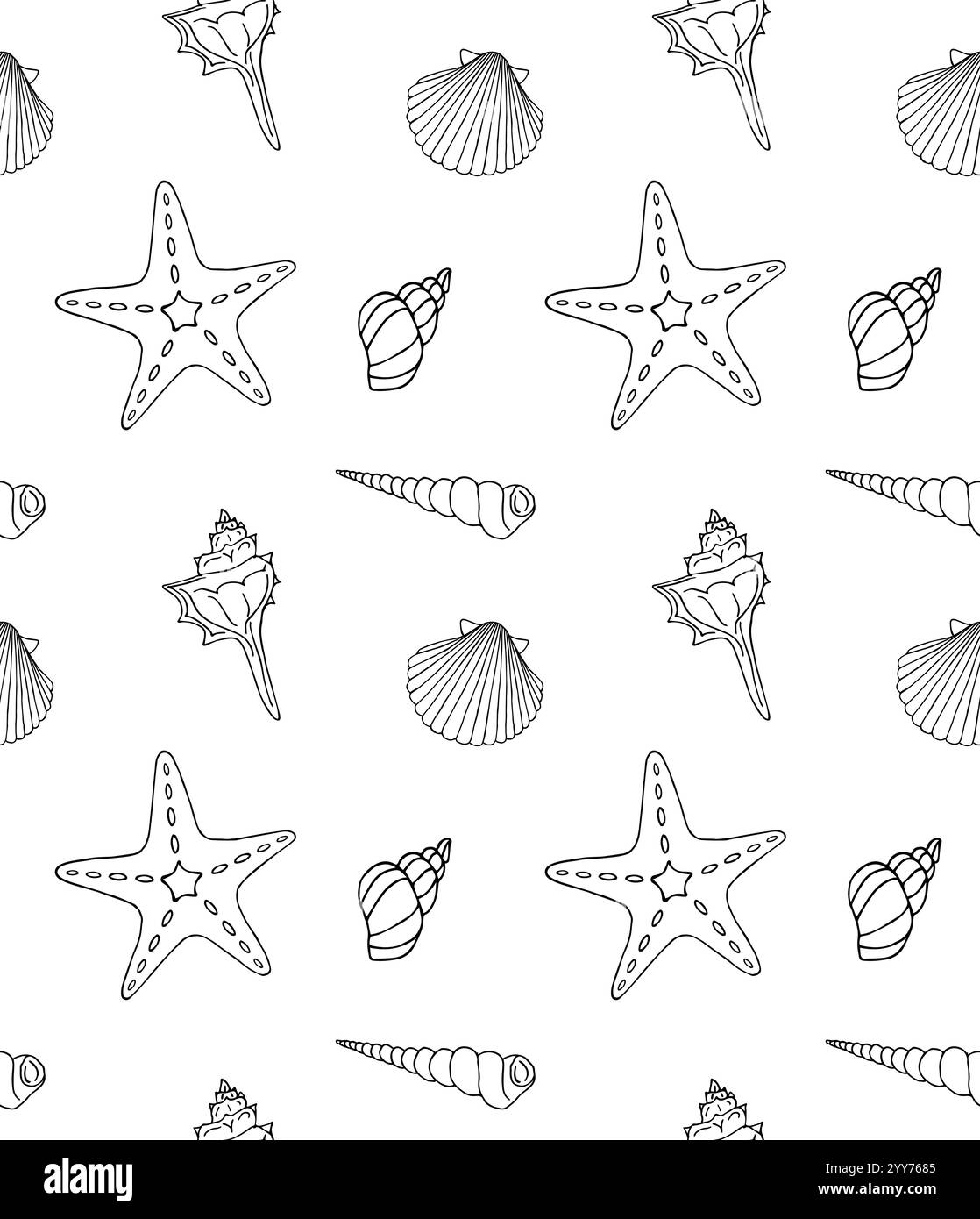 Schema vettoriale senza cuciture di shell disegnato a mano e stelle marine isolate su sfondo bianco Illustrazione Vettoriale