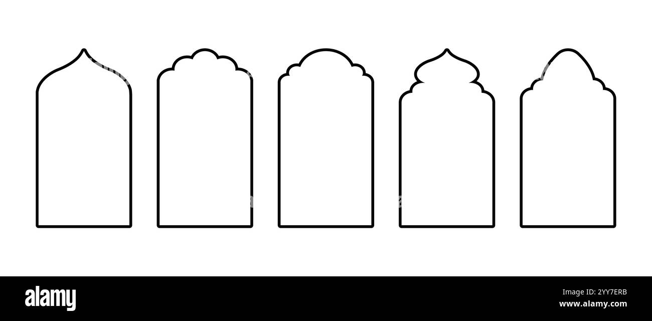 Finestre ad arco islamico. Architettura indiana. Silhouette della porta araba nera. Telai Ramadan kareem. Illustrazione vettoriale tradizionale Illustrazione Vettoriale