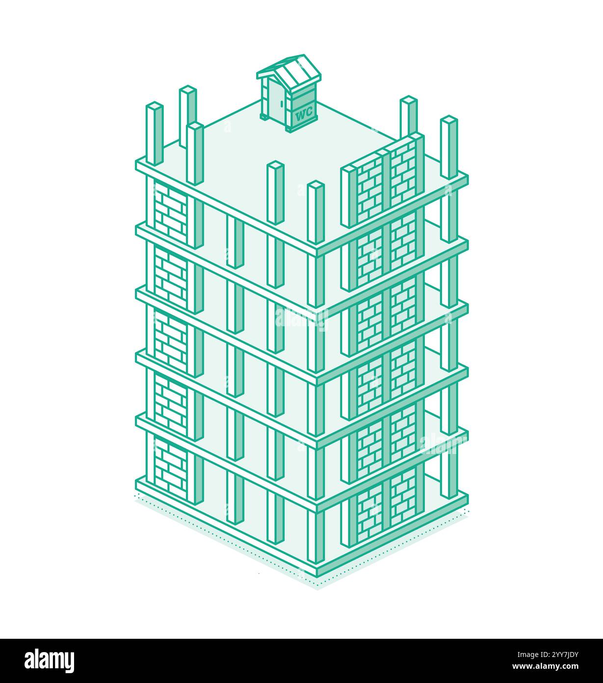 Cantiere con grattacielo. Processo di costruzione di un edificio a piu' piani. Tecnologia industriale. Illustrazione vettoriale. Stile contorno. Isometrico. Illustrazione Vettoriale
