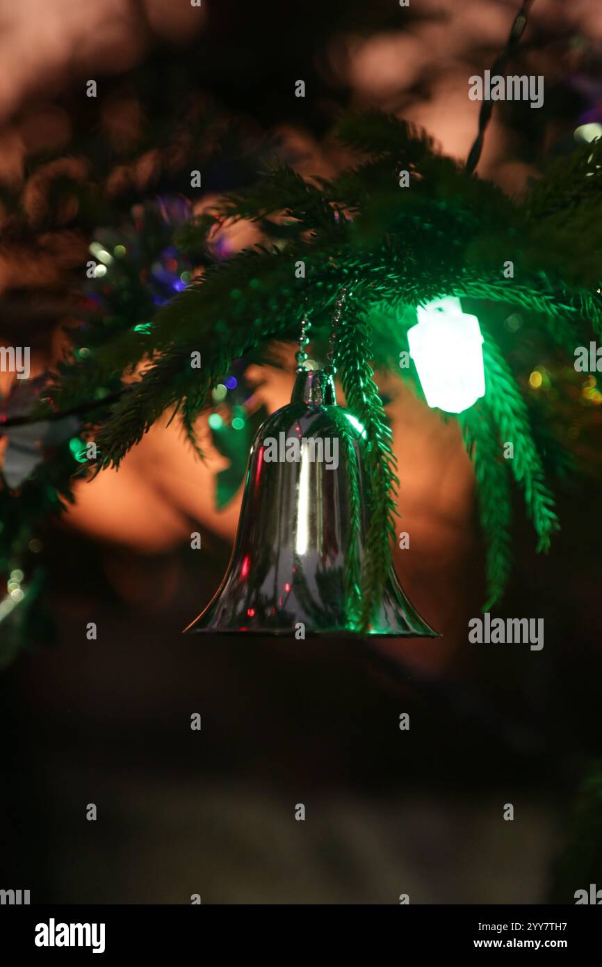 Festeggiamenti natalizi e di Capodanno, campana dorata appesa al ramo di pino, decorazione di ornamenti a campana Jingle garland primo piano su sfocatura Foto Stock