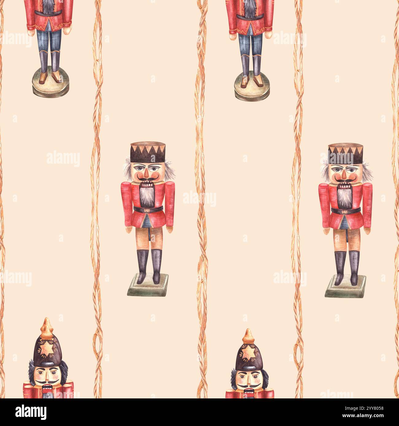 Fantasia senza cuciture dello Schiaccianoci, soldato giocattolo in legno. Illustrazione disegnata a mano con decorazione dell'albero di Natale vintage ad acquerello. Decorazioni a righe per le feste Foto Stock