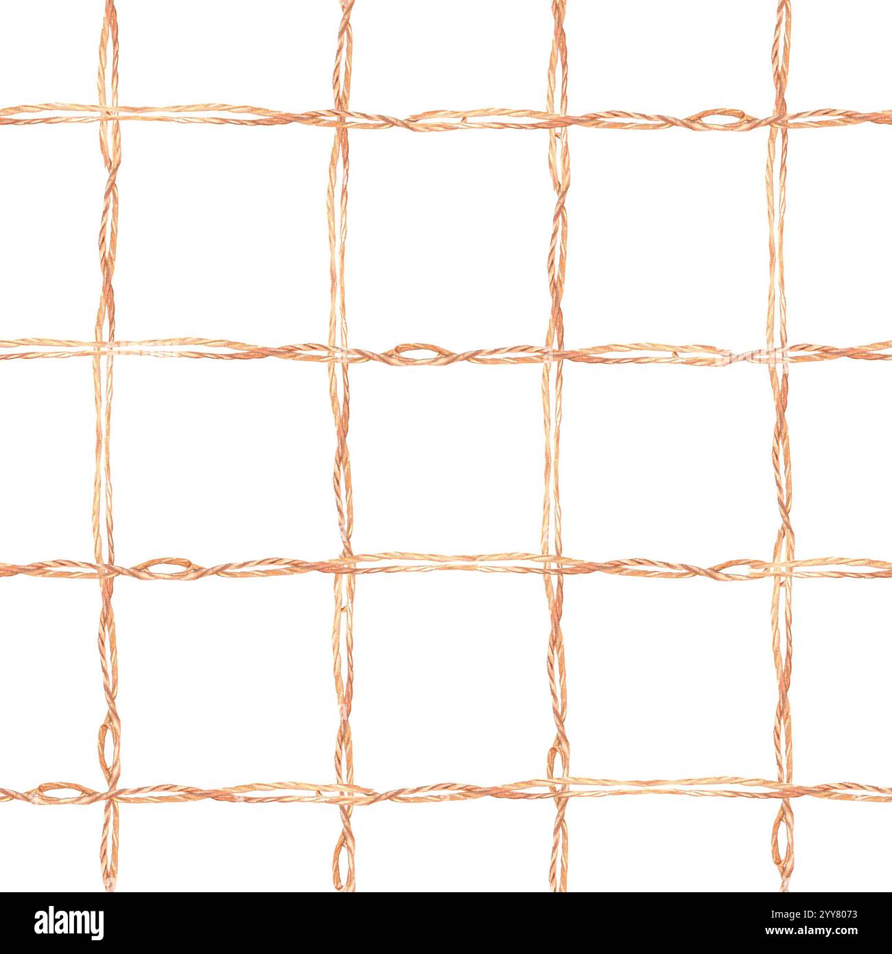 Stampa geometrica a scacchi senza cuciture con corde di iuta incrociate, nodi e loop. Illustrazione ad acquerello disegnata a mano. Ornamento ripetuto per il tessuto Foto Stock