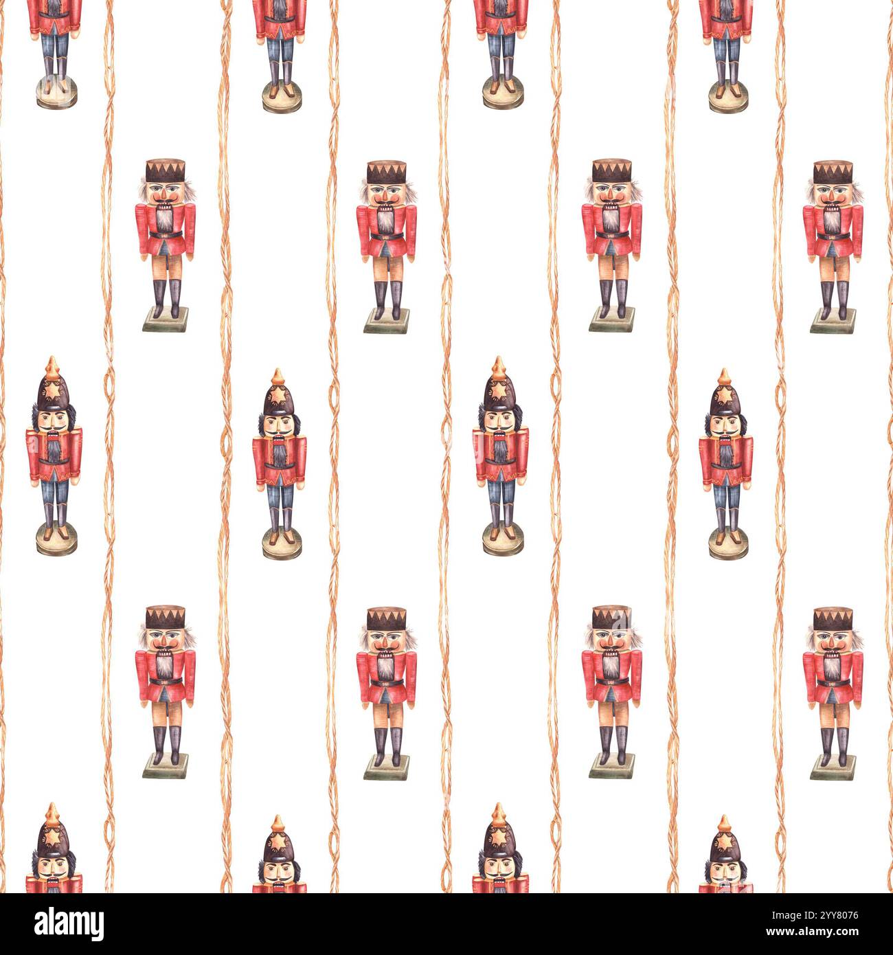 Fantasia senza cuciture dello Schiaccianoci, soldato giocattolo in legno. Acquerello vintage tradizione albero di Natale decorazione retrò illustrazione disegnata a mano. Clipart per Foto Stock