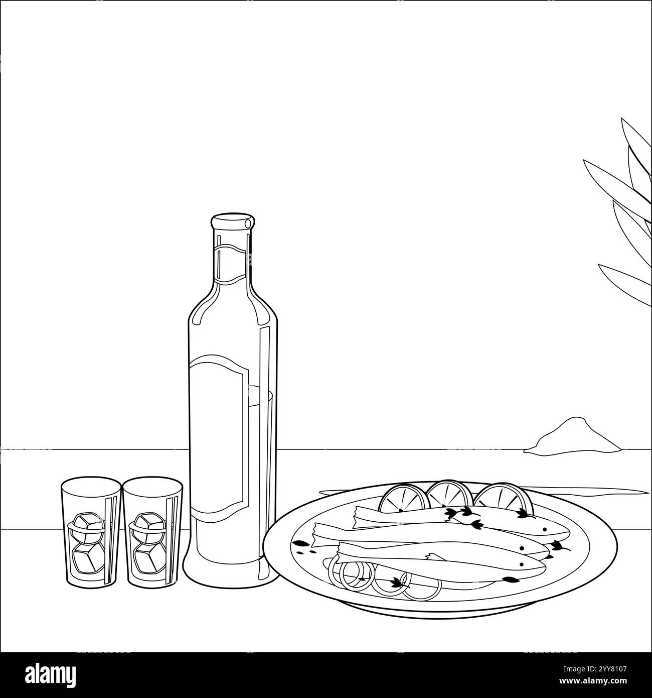 Ouzo e pesce cotto in un tavolo vicino al mare. Vacanze sull'isola con deliziosi frutti di mare e bevande. Pagina da colorare in bianco e nero Foto Stock