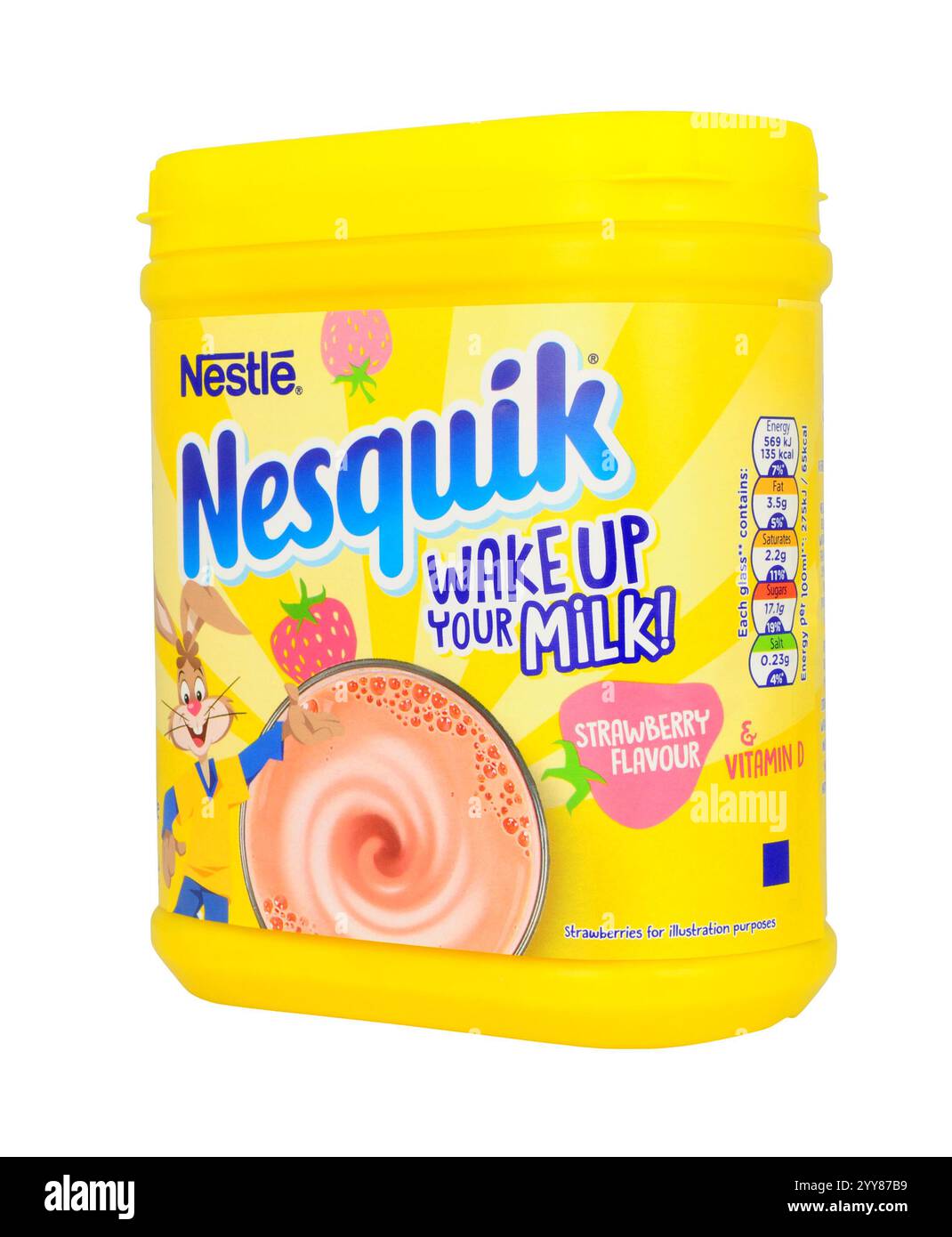 Miscela di frullato di latte in polvere al gusto di fragola Nesquik in una confezione da 500 g. Foto Stock
