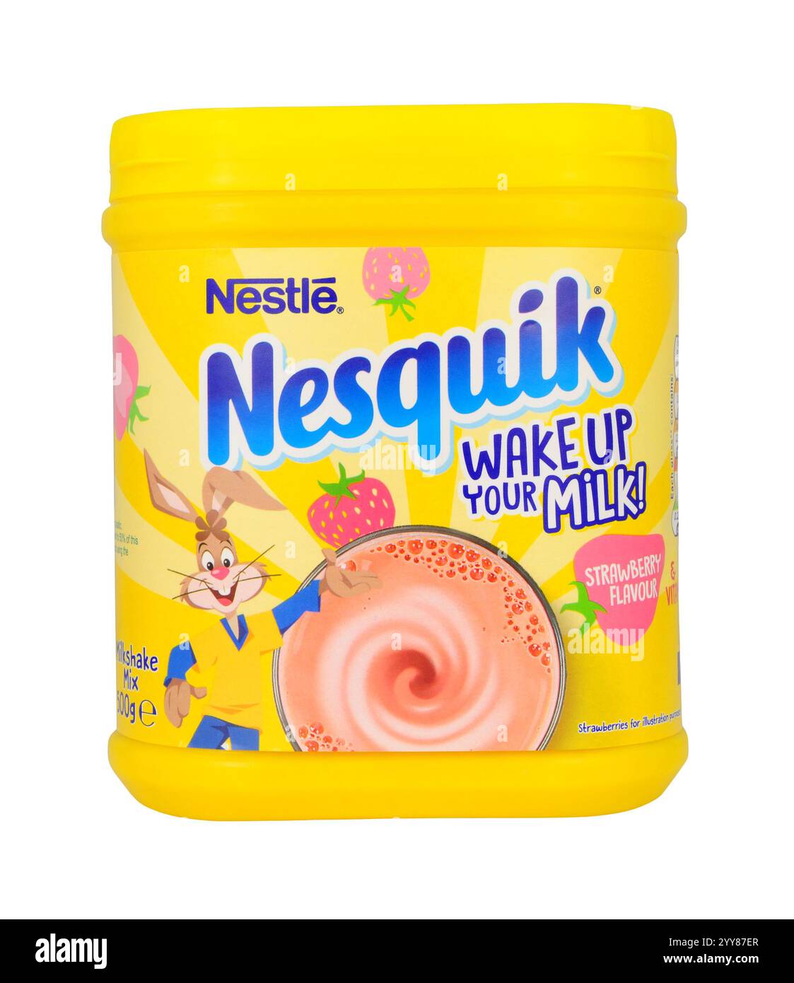 Miscela di frullato di latte in polvere al gusto di fragola Nesquik in una confezione da 500 g. Foto Stock