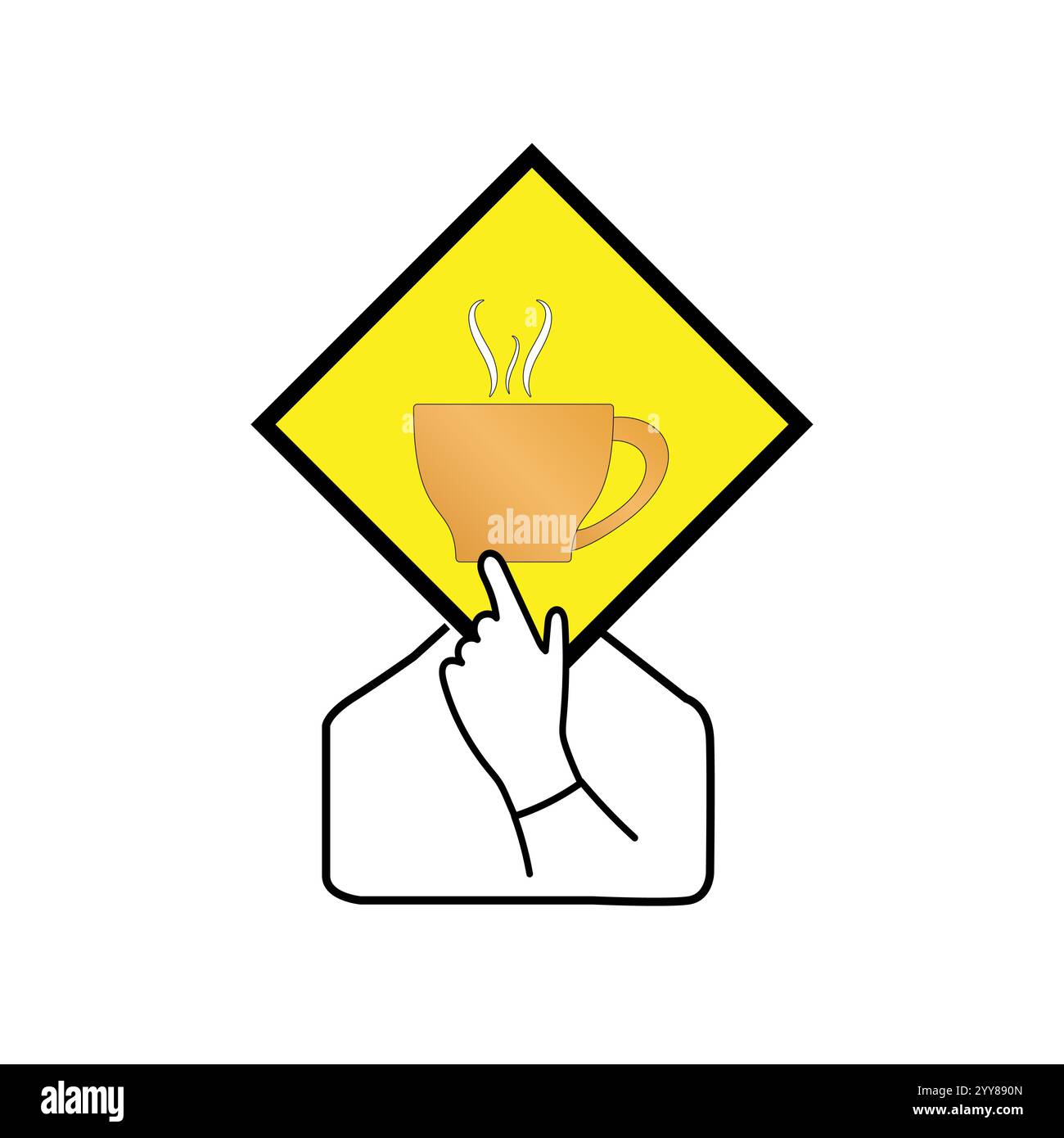 Persona che tiene una forma di diamante giallo con una tazza di caffè sul viso Illustrazione Vettoriale