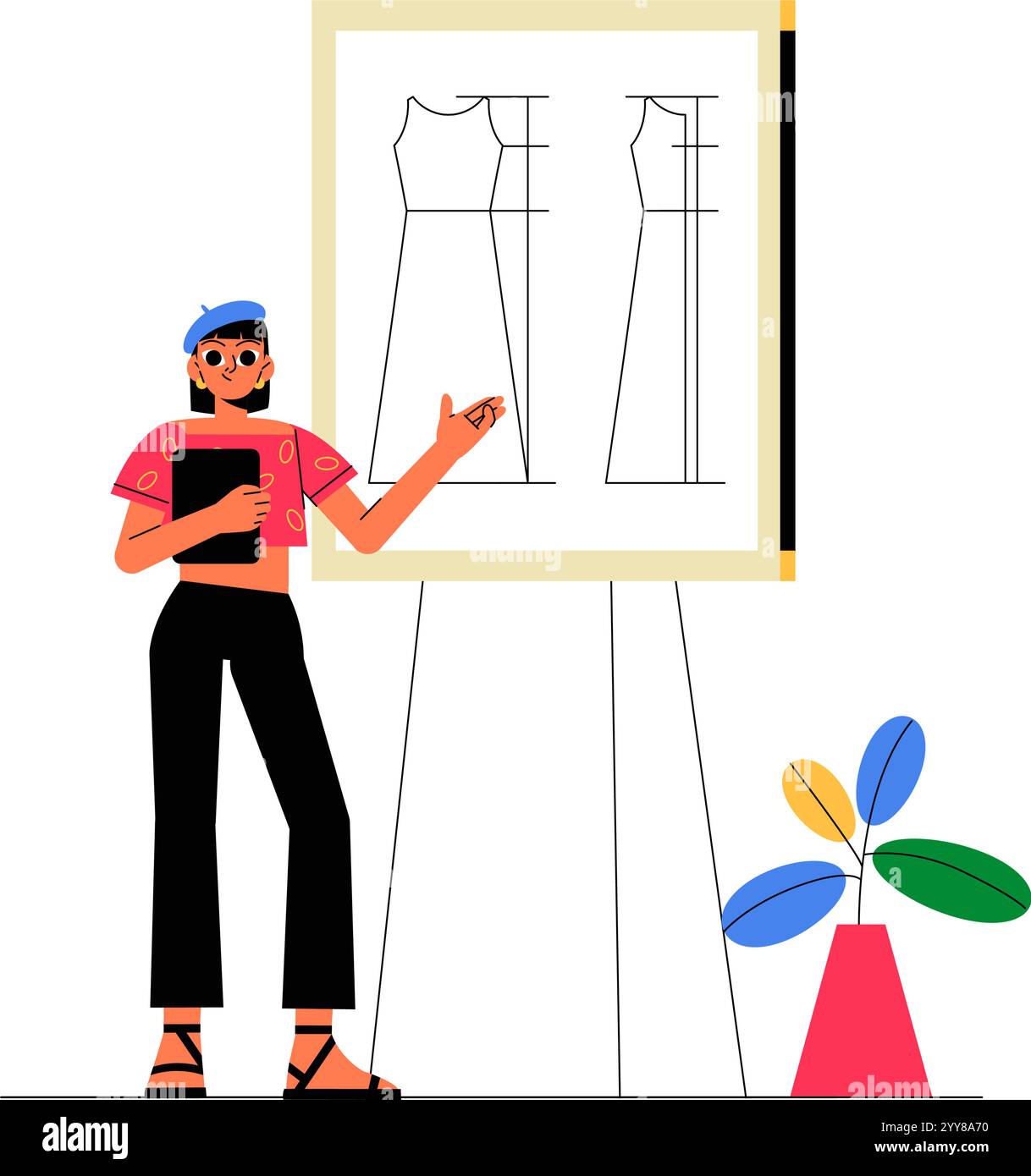 Stilista di moda donna che presenta i modelli di abito su Una tavola, illustrazione a vettore piatto che simboleggia il Fashion Design, la creatività e la presentazione Illustrazione Vettoriale