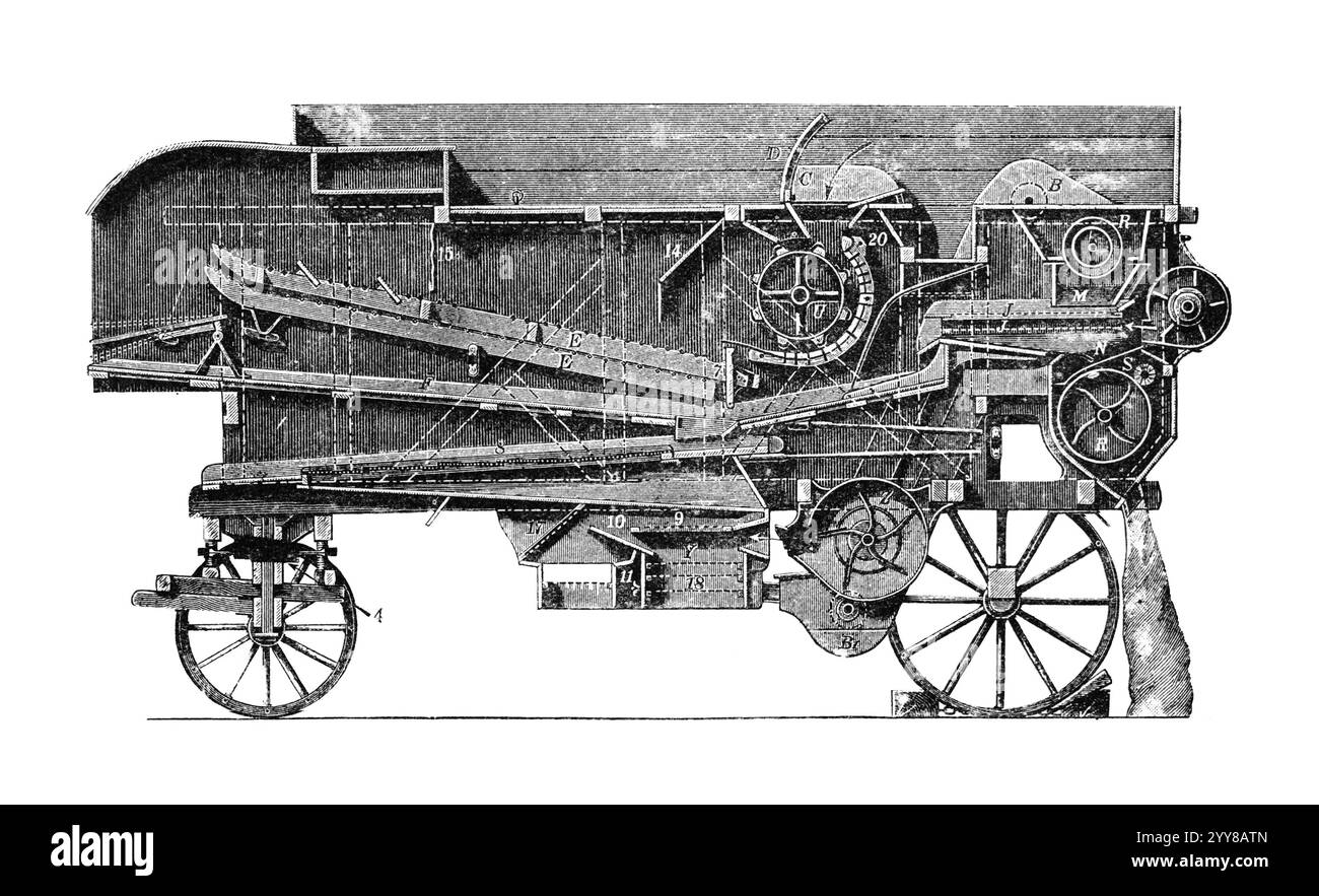 Questa incisione vintage raffigura un macchinario agricolo. Questa incisione è stata pubblicata su un 'macchine agricole. Atlas' a cura di K.K.Veber nel 1897 Foto Stock