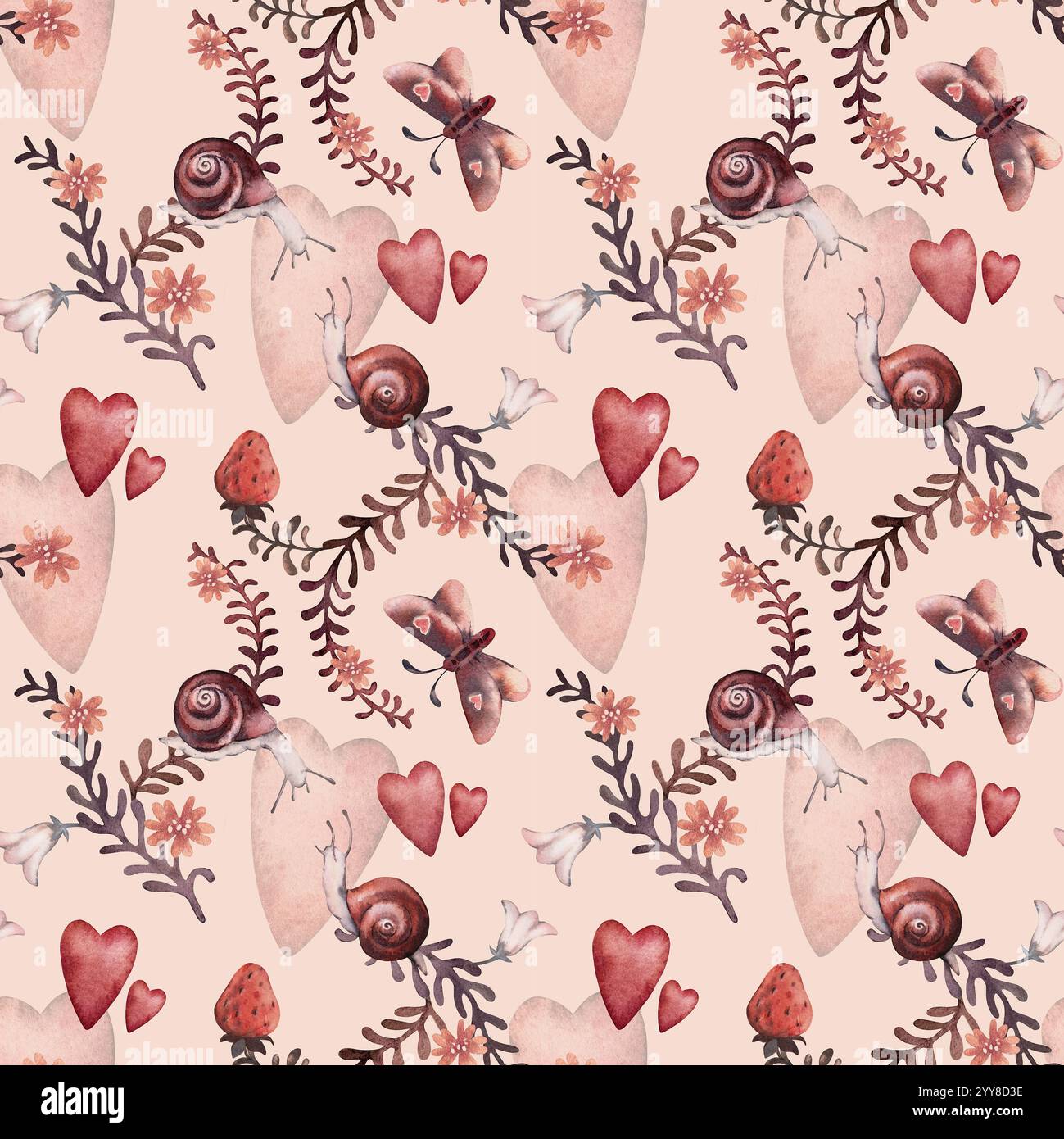 San Valentino motivo senza cuciture con cuori, fiori, lumache, farfalle, fragole Foto Stock