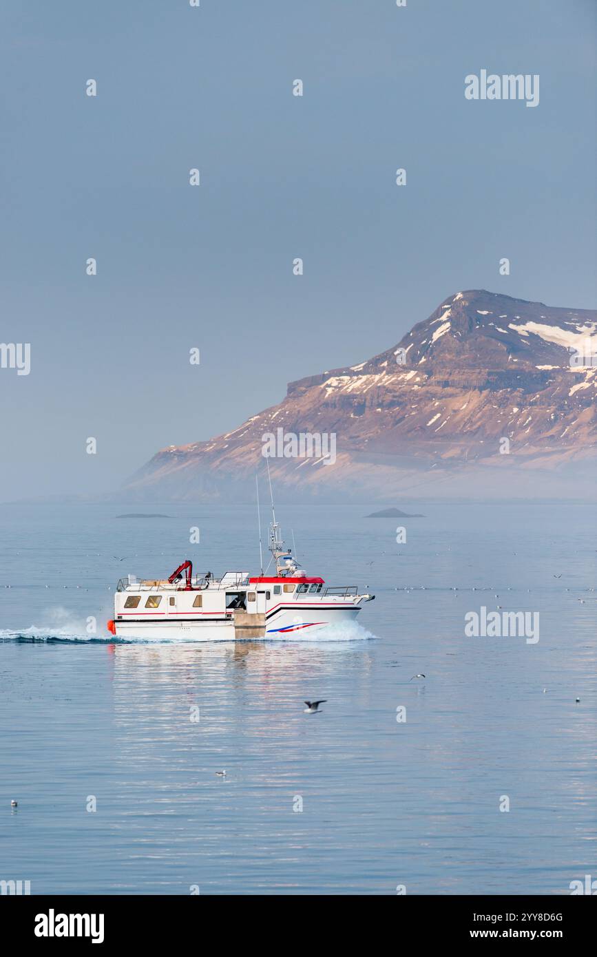 Crociera in barca sulle acque ghiacciate vicino alla montagna Foto Stock