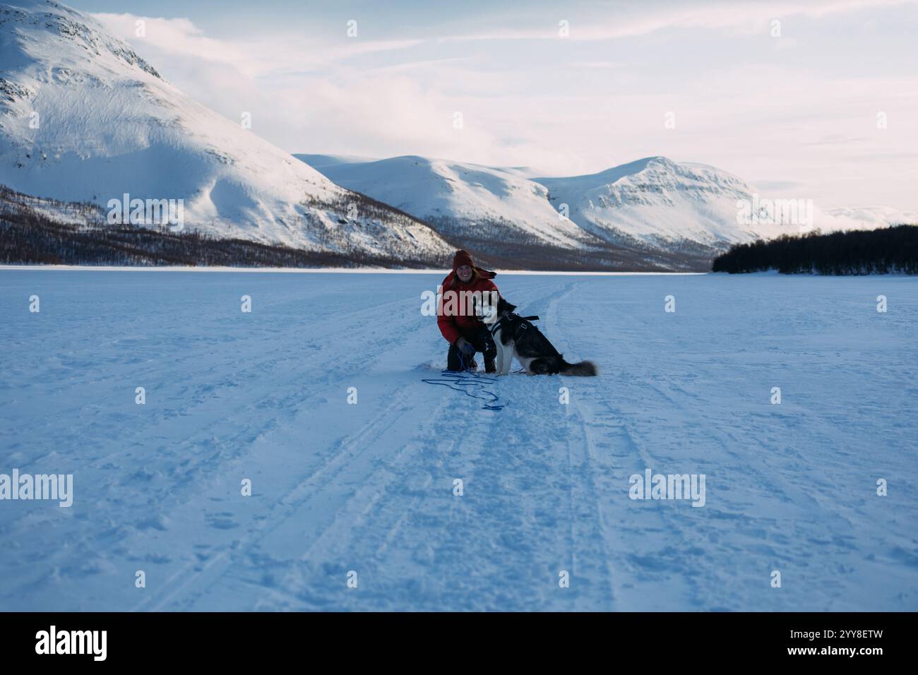 Coccole con un cane su un lago nordico ghiacciato Foto Stock