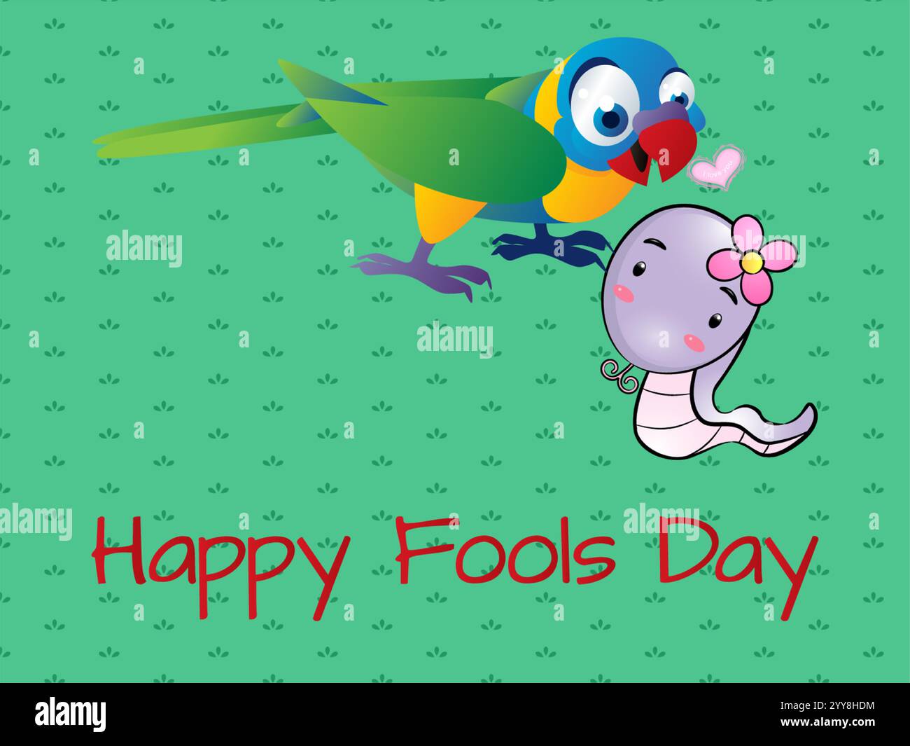 Cartone animato di un uccello e un serpente con le parole Happy Fools Day scritte di seguito. L'uccello tiene un fiore nel suo becco. Divertente umorismo del giorno dell'April Fools Illustrazione Vettoriale