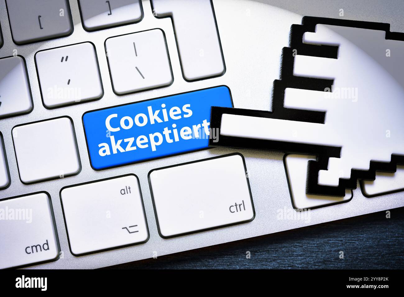 FOTOMONTAGE, Computertaste mit der Aufschrift Cookies akzeptiert Foto Stock