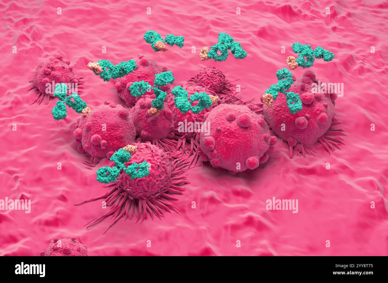 Terapia con anticorpi monoclonali nel cancro renale - Vista isometrica illustrazione 3d. Foto Stock