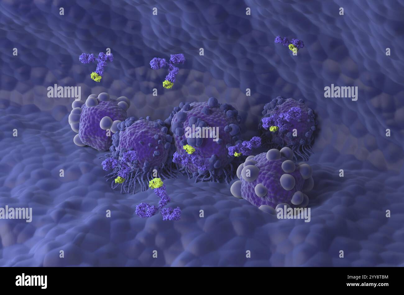 Trattamento con anticorpi monoclonali nel cancro del pancreas - Vista isometrica illustrazione 3D. Foto Stock