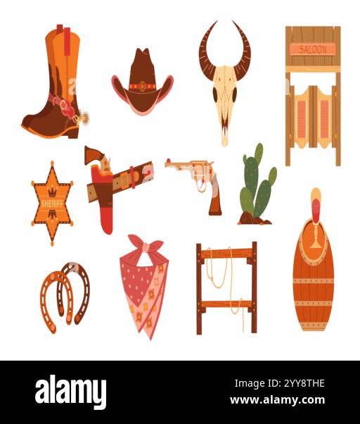 collezione wild west elements con cactus, teschio di toro, stivali da cowboy, ecc. Illustrazione Vettoriale