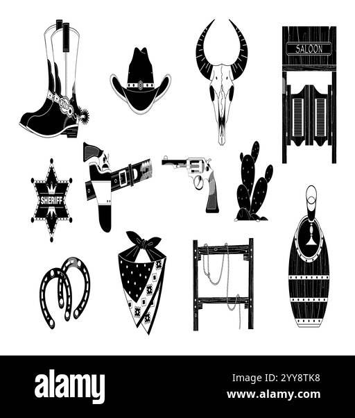 collezione wild west elements con cactus, teschio di toro, stivali da cowboy, ecc. Stile monocromatico. Illustrazione Vettoriale