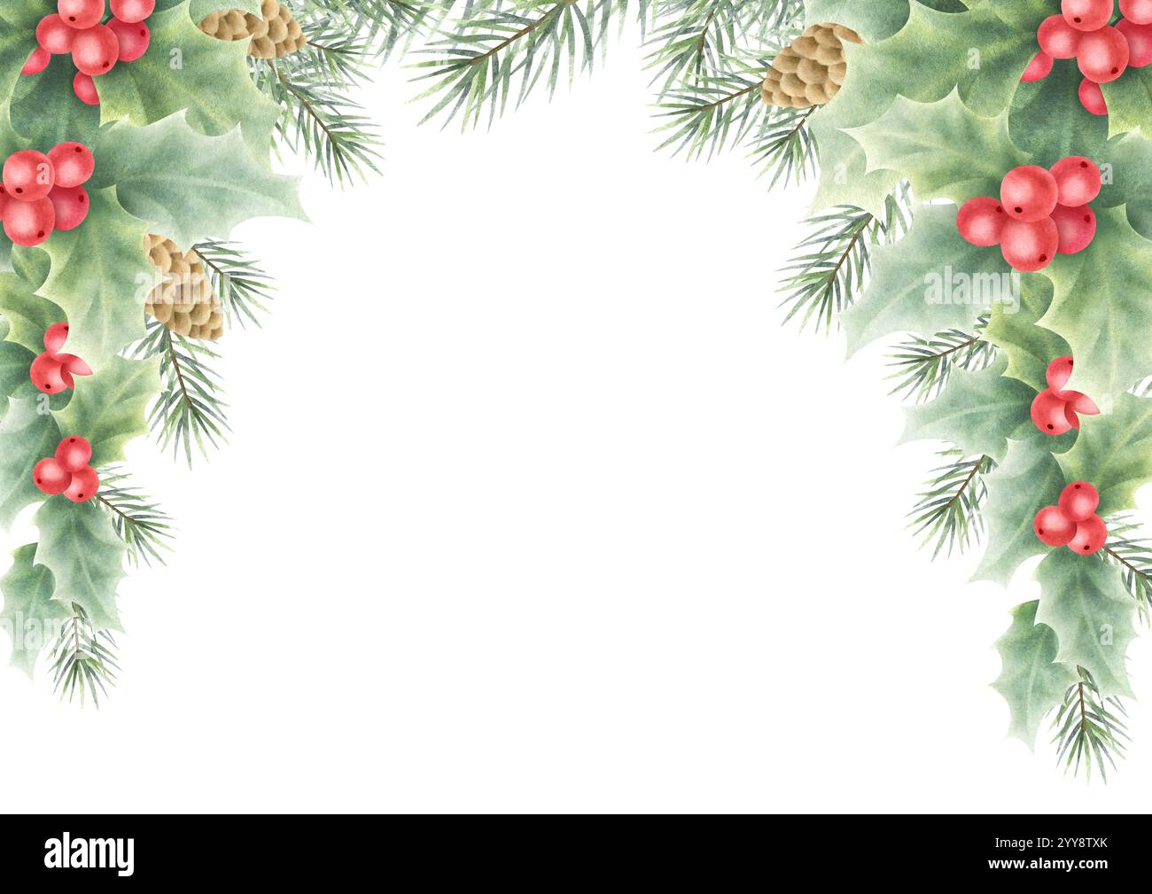 Tessera di Natale modello orizzontale con agrifoglio, bacche rosse, rami di abete rosso e coni. Illustrazione isolata ad acquerello disegnata a mano con spazio di copia per il testo del modello di biglietto di auguri di Capodanno, A4, A5. Foto Stock