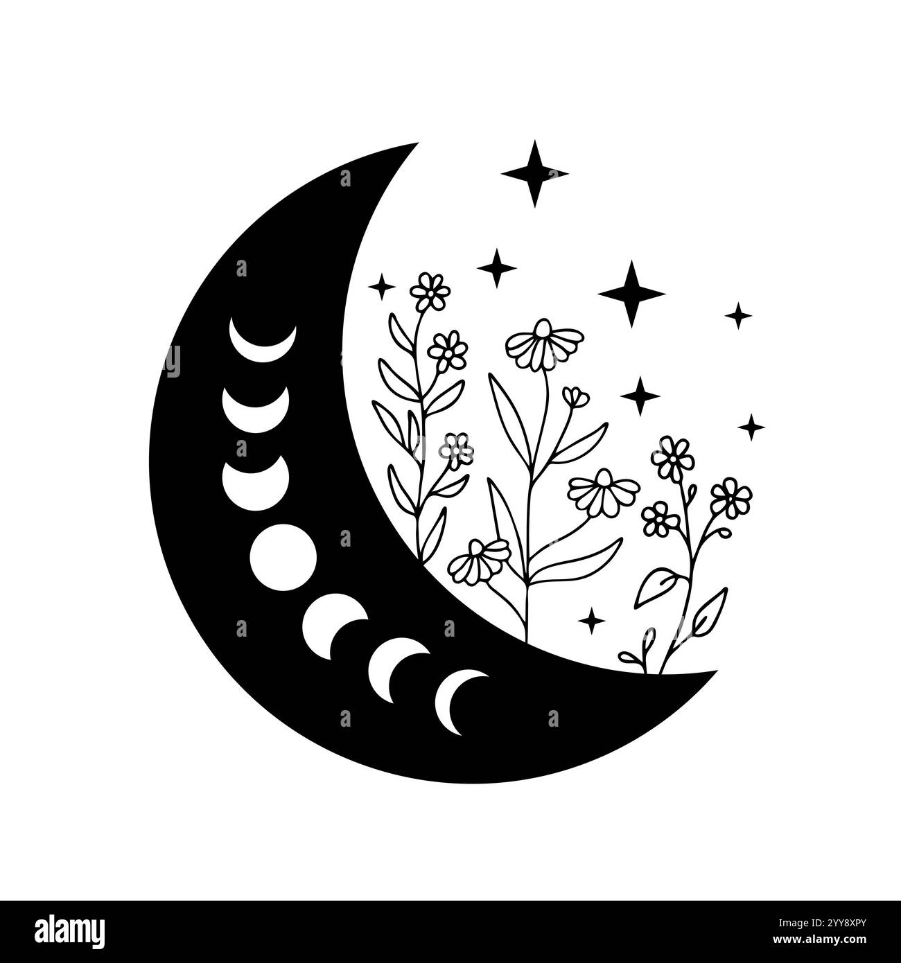 luna mezzaluna con fasi lunari e fiori selvatici e stelle Illustrazione Vettoriale luna mezzaluna con fasi lunari e fiori selvatici e stelle Illustrazione Vettoriale