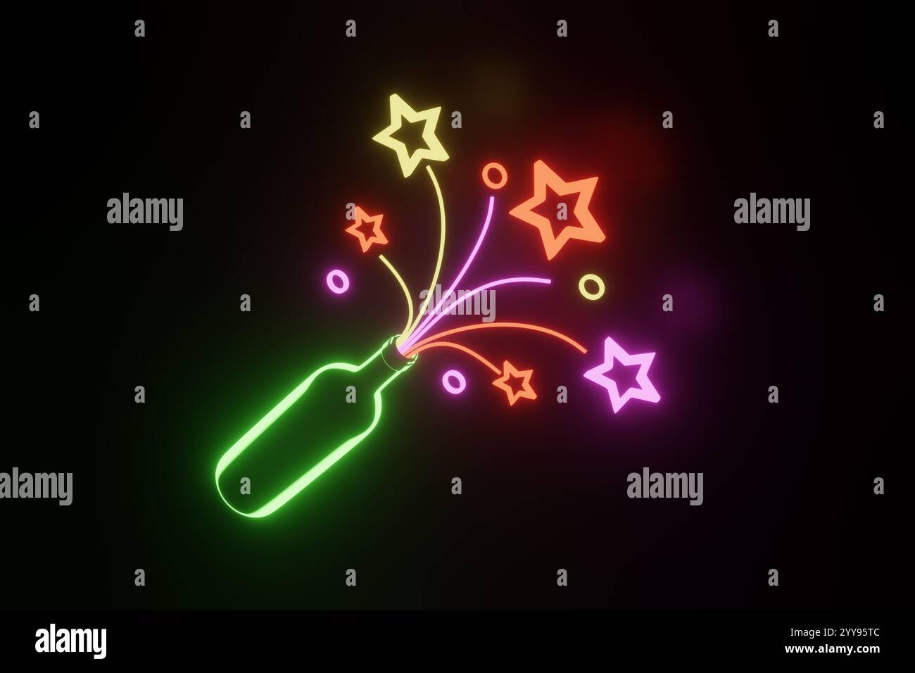 Stelle luminose al neon e cerchi che escono da una bottiglia di vino verde su sfondo nero. Concetto di celebrazioni, feste e felicità Foto Stock
