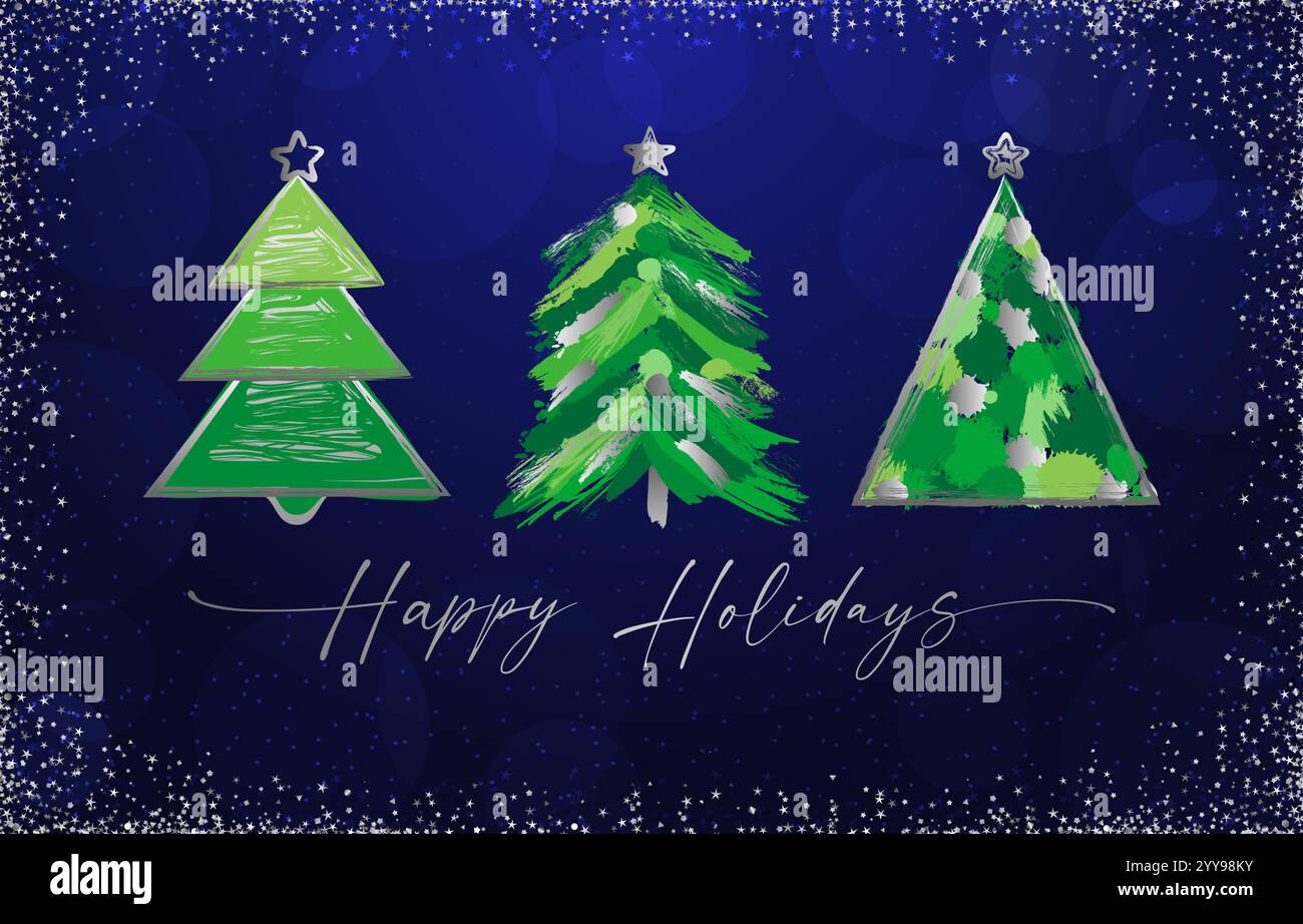 Design del biglietto di auguri per le festività natalizie. Auguri di buone feste sui social media Time line srories concept con set di pennellate artistiche in stile X mas alberi Illustrazione Vettoriale