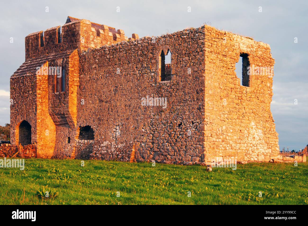 Un grande edificio in pietra con un campo erboso davanti ad esso. L'edificio è vecchio e presenta molte crepe. L'erba è verde e lussureggiante, e il cielo Foto Stock